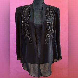 Vintage 1980s Black Open Front Sheer Bejeweled Jacket Bell Sleeves - 14W